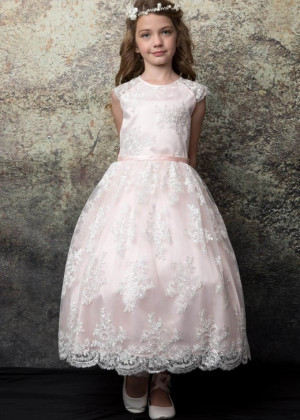 Cap Sleeves Lace Tulle Tea Length Flower Girl Dress